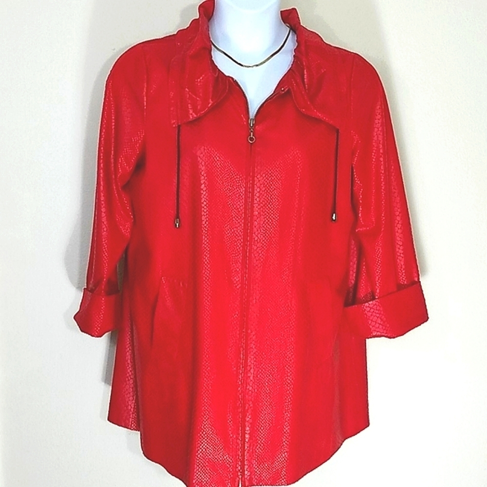 Sharon Young Red Snake Print Convertible Collar Jacket Satin Lined Size Medium